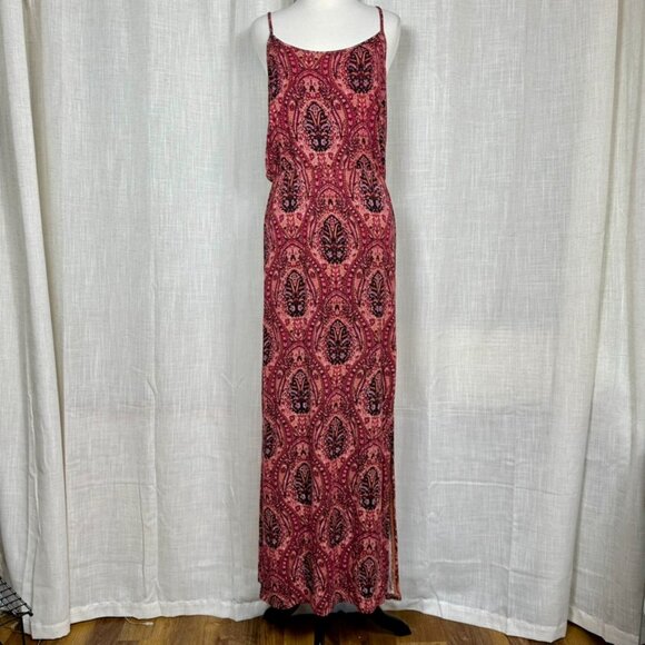 American Eagle Boho Maxi Dress Womens L Maroon Slit Hippie 70s Retro Vacation - Picture 1 of 10